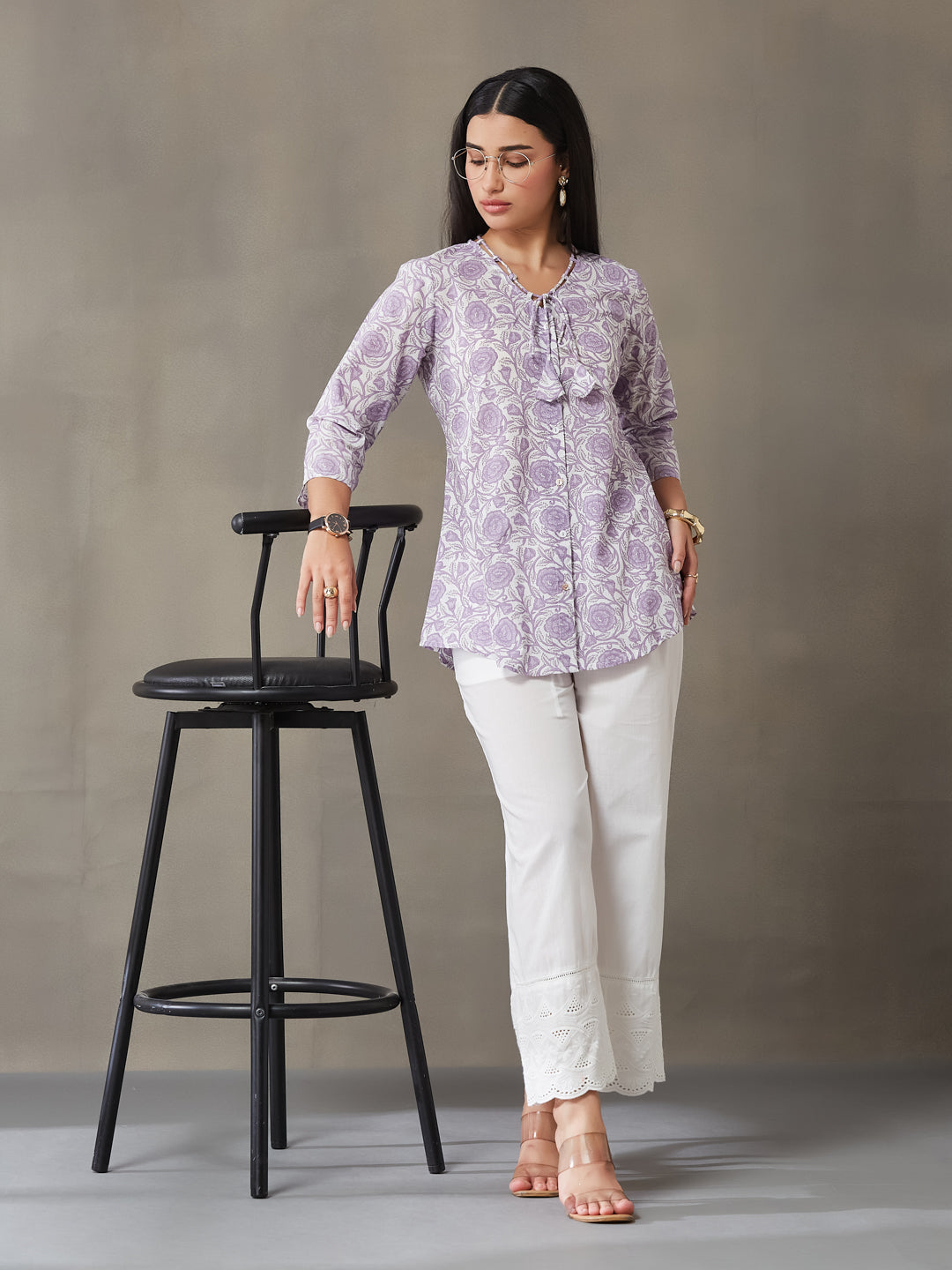 VASVI Women Cotton Floral Printed Top, Lavender