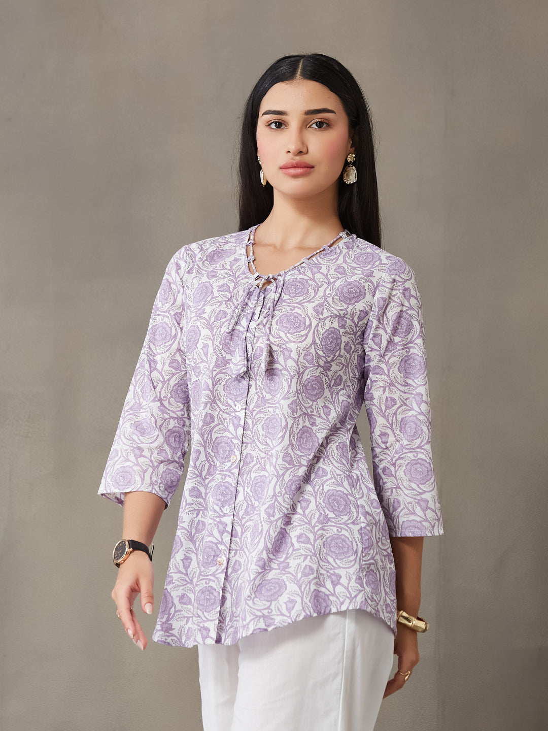VASVI Women Cotton Floral Printed Top, Lavender