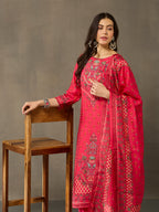 VASVI Viscose Adda Work Printed Kurta Pant with Dupatta, Red