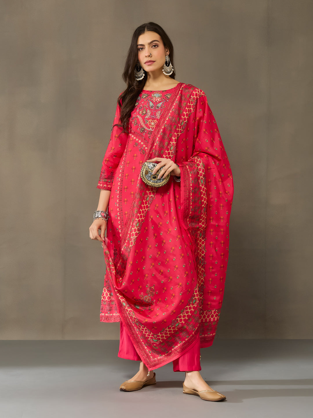 VASVI Viscose Adda Work Printed Kurta Pant with Dupatta, Red