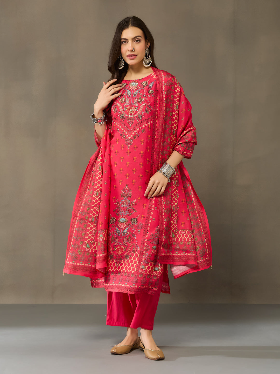 VASVI Viscose Adda Work Printed Kurta Pant with Dupatta, Red
