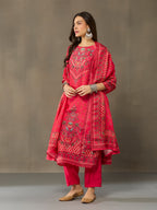 VASVI Viscose Adda Work Printed Kurta Pant with Dupatta, Red
