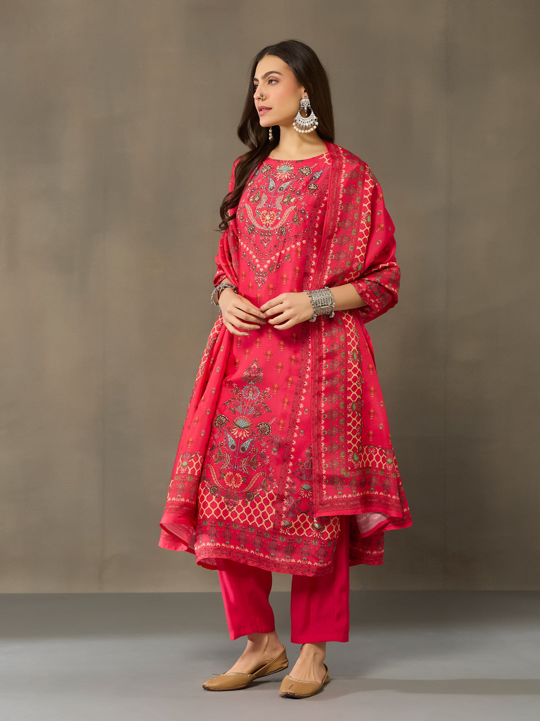 VASVI Viscose Adda Work Printed Kurta Pant with Dupatta, Red