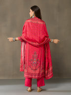 VASVI Viscose Adda Work Printed Kurta Pant with Dupatta, Red