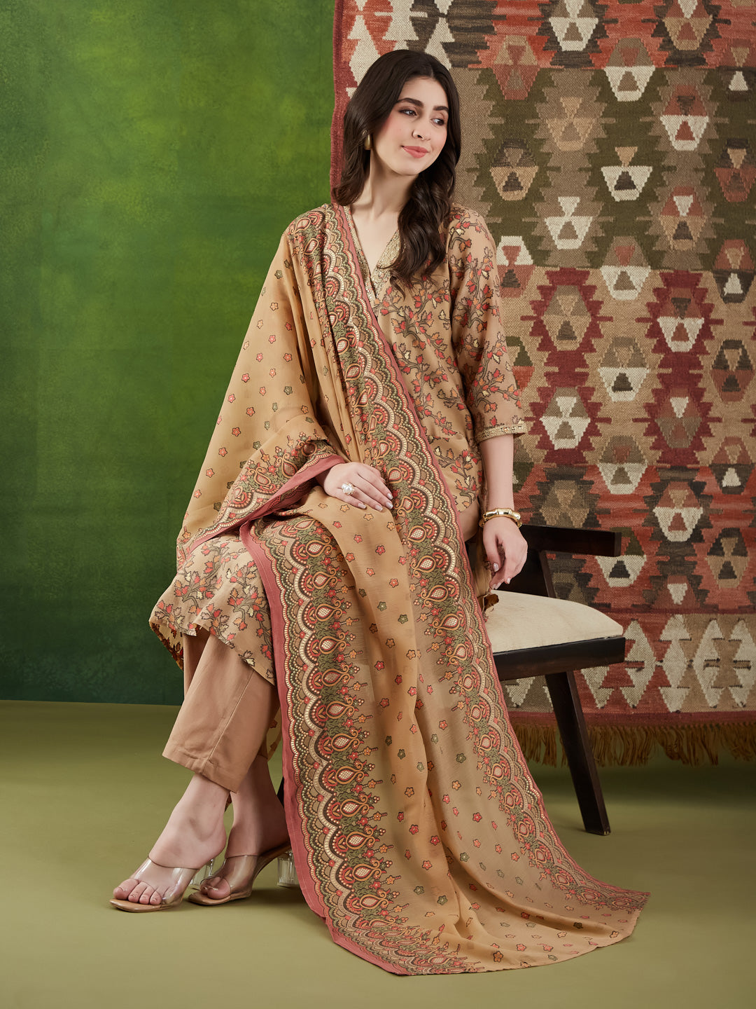 VASVI Women Chanderi Embroidered Kurta Set with Dupatta, Beige