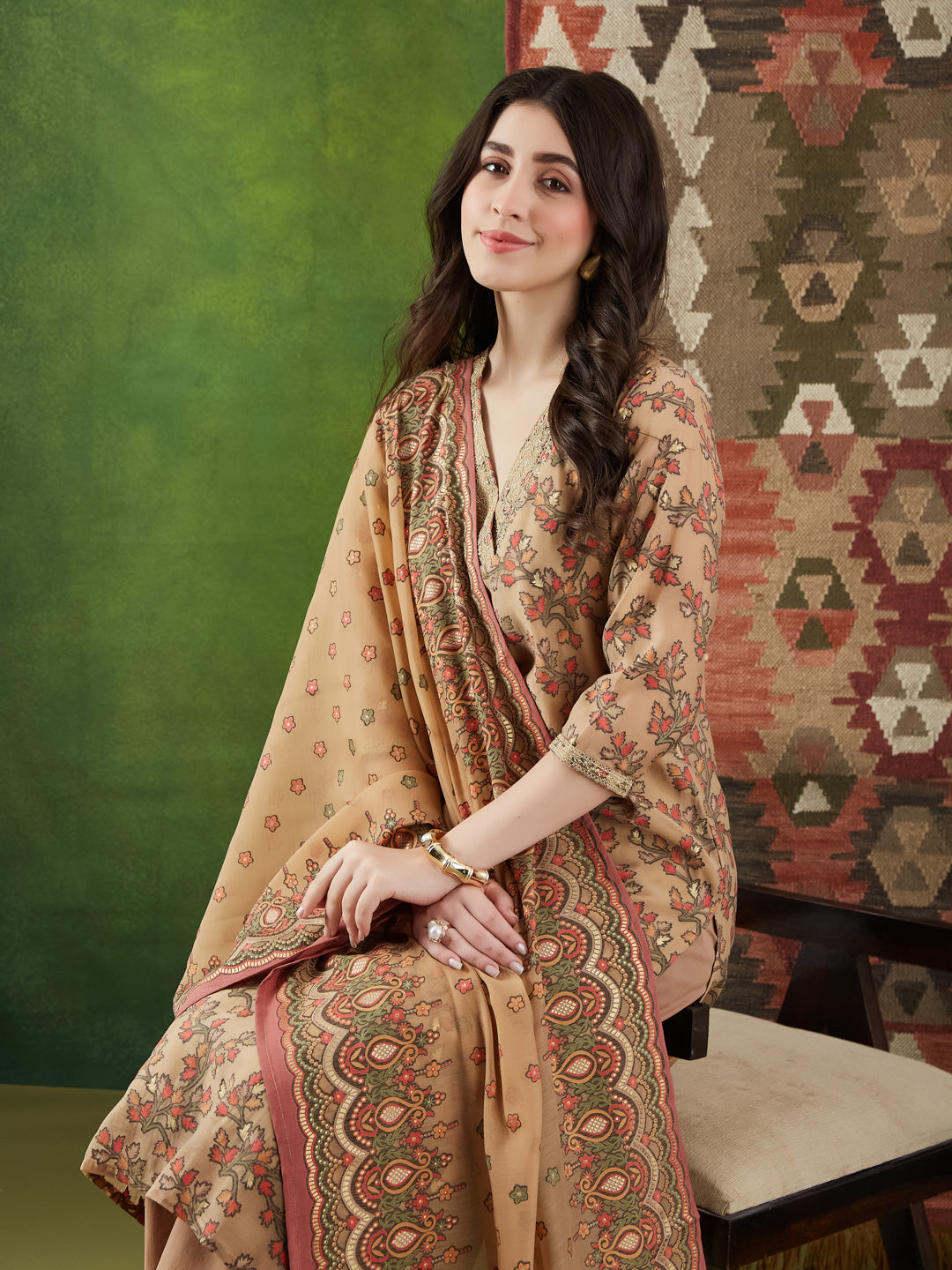 VASVI Women Chanderi Embroidered Kurta Set with Dupatta, Beige