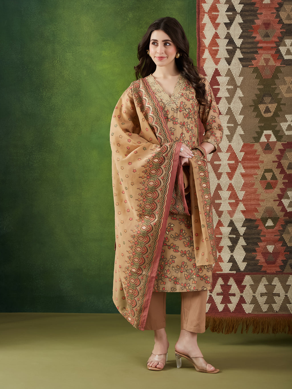 VASVI Women Chanderi Embroidered Kurta Set with Dupatta, Beige