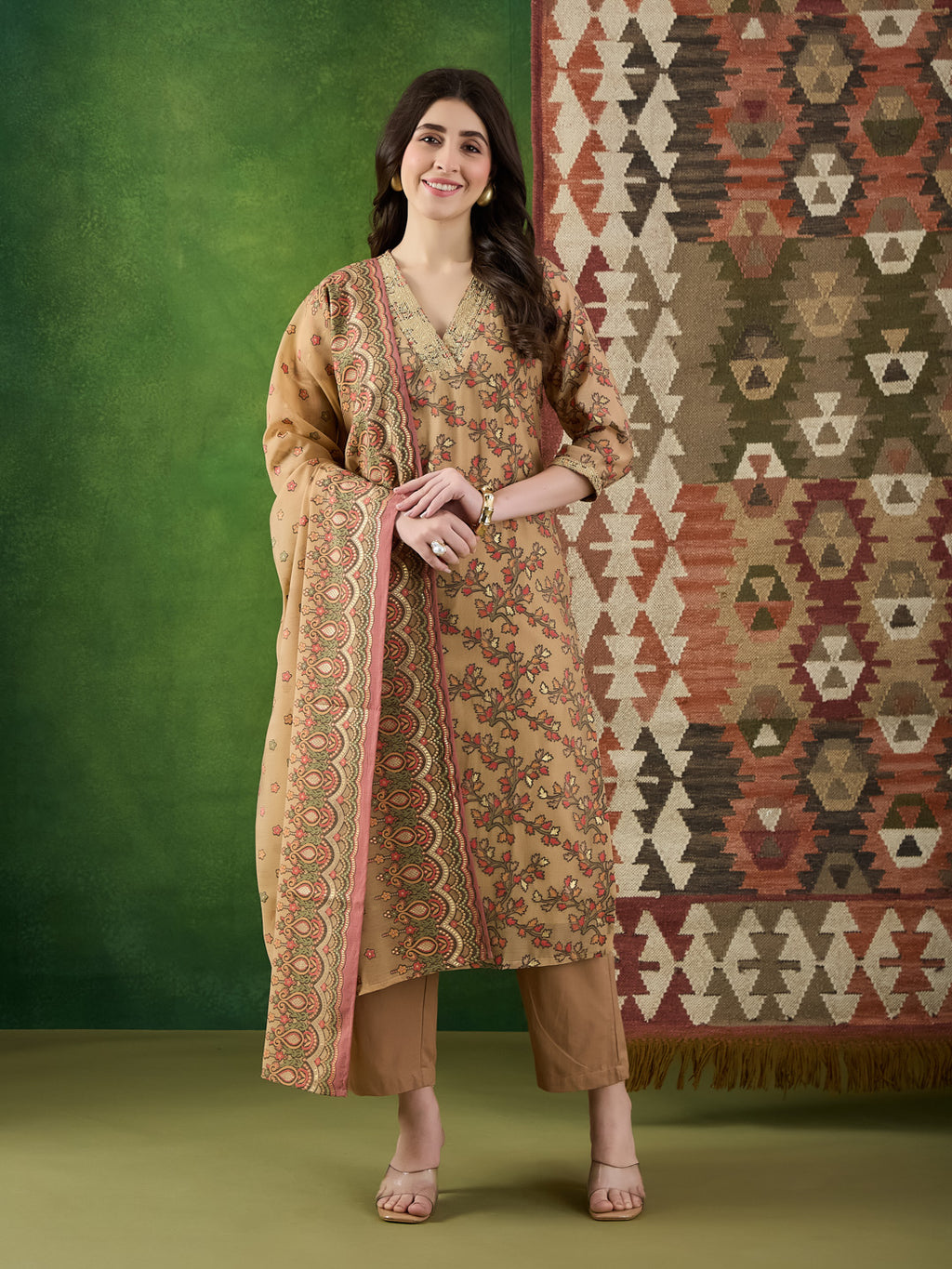VASVI Women Chanderi Embroidered Kurta Set with Dupatta, Beige