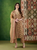VASVI Women Chanderi Embroidered Kurta Set with Dupatta, Beige