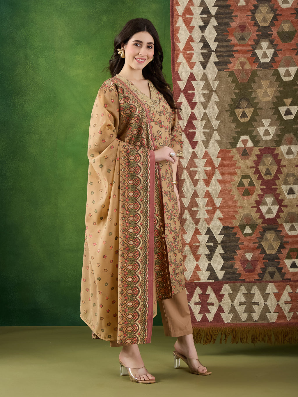 VASVI Women Chanderi Embroidered Kurta Set with Dupatta, Beige