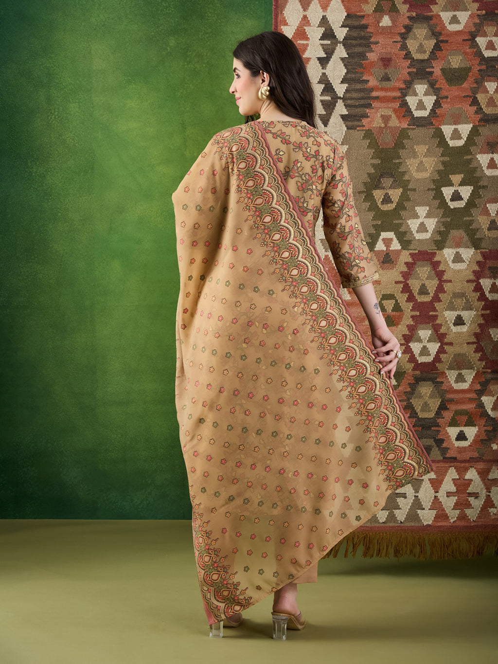VASVI Women Chanderi Embroidered Kurta Set with Dupatta, Beige
