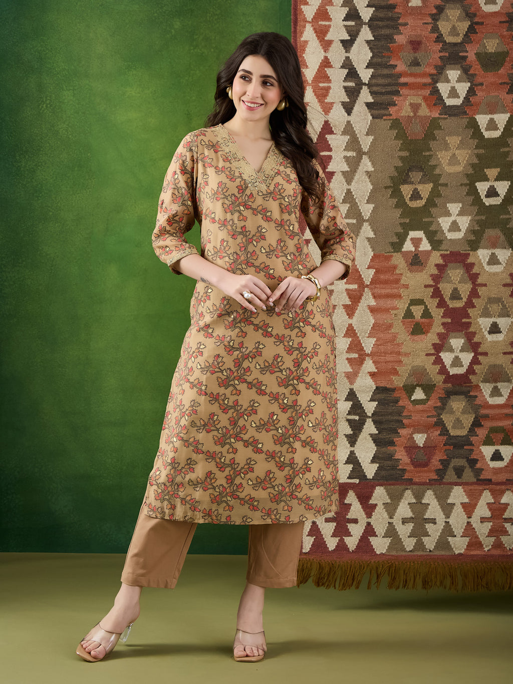 VASVI Women Chanderi Embroidered Kurta Set with Dupatta, Beige