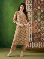 VASVI Women Chanderi Embroidered Kurta Set with Dupatta, Beige