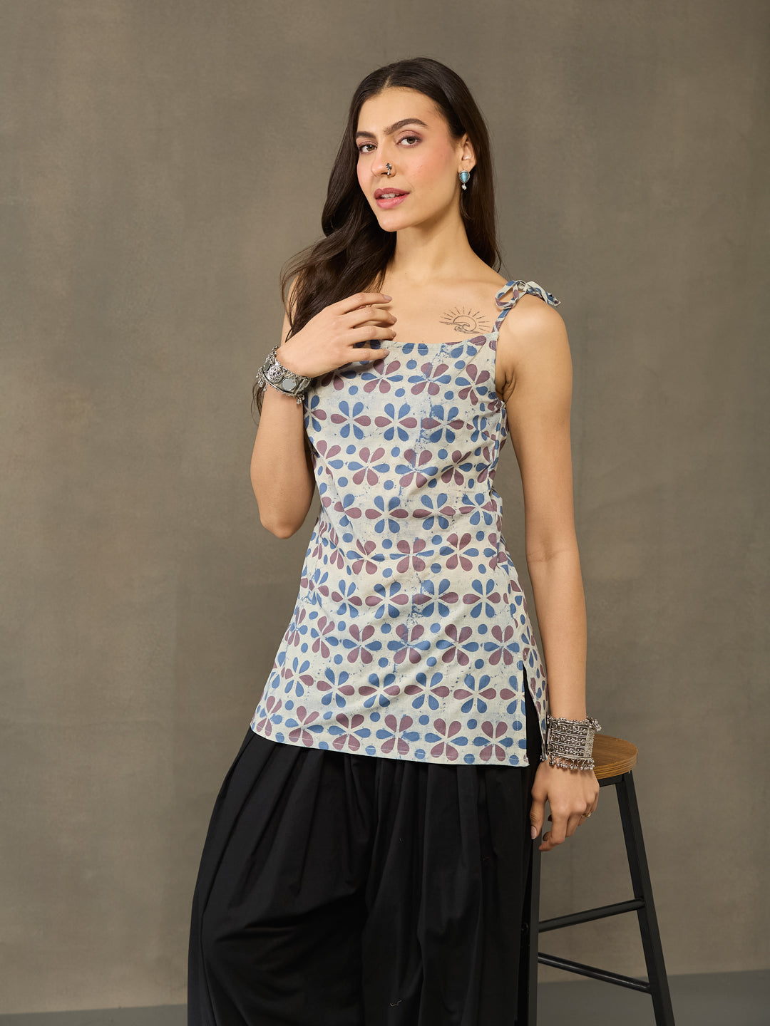 VASVI Cotton Floral Printed Top, Grey