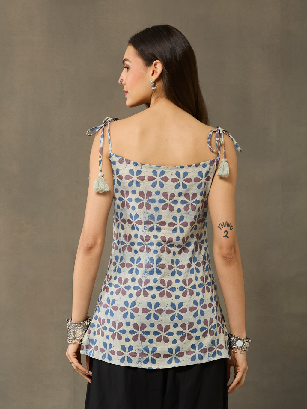 VASVI Cotton Floral Printed Top, Grey