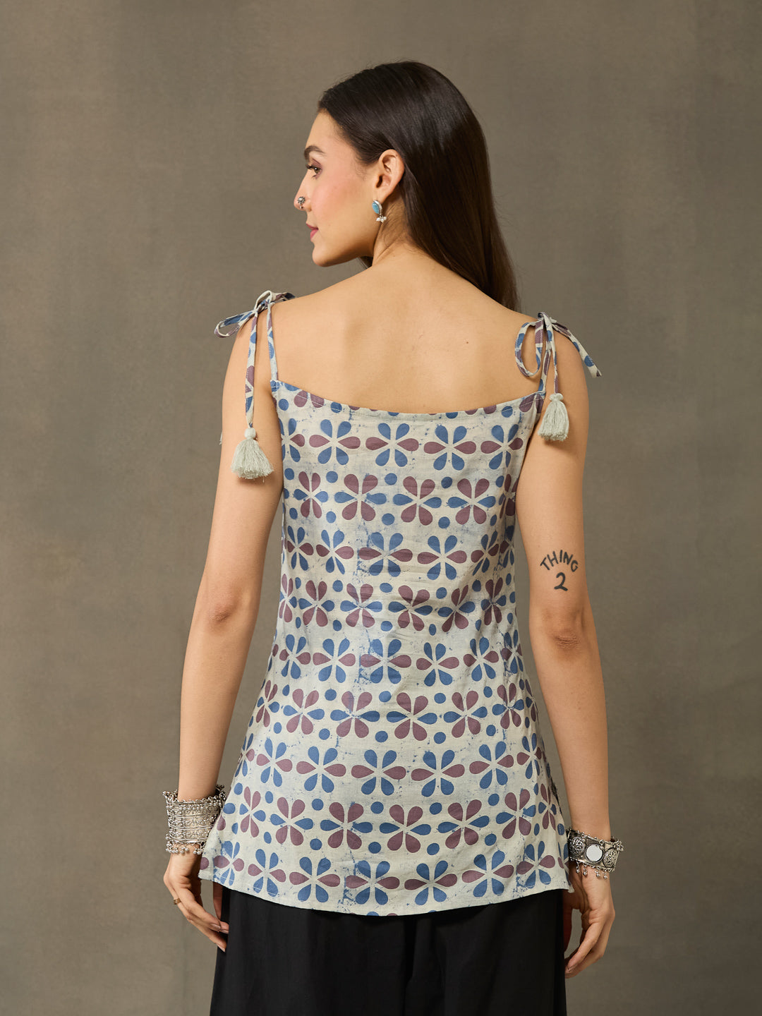 VASVI Cotton Floral Printed Top, Grey