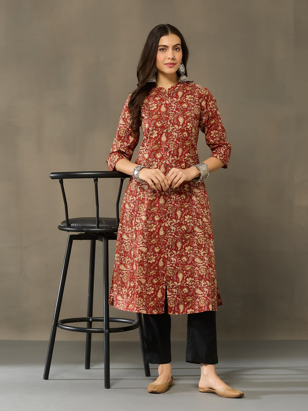 VASVI Cotton Kalamkari Printed Straight Kurta, Rust Red