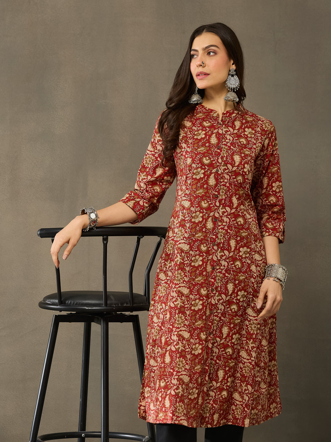 VASVI Cotton Kalamkari Printed Straight Kurta, Rust Red