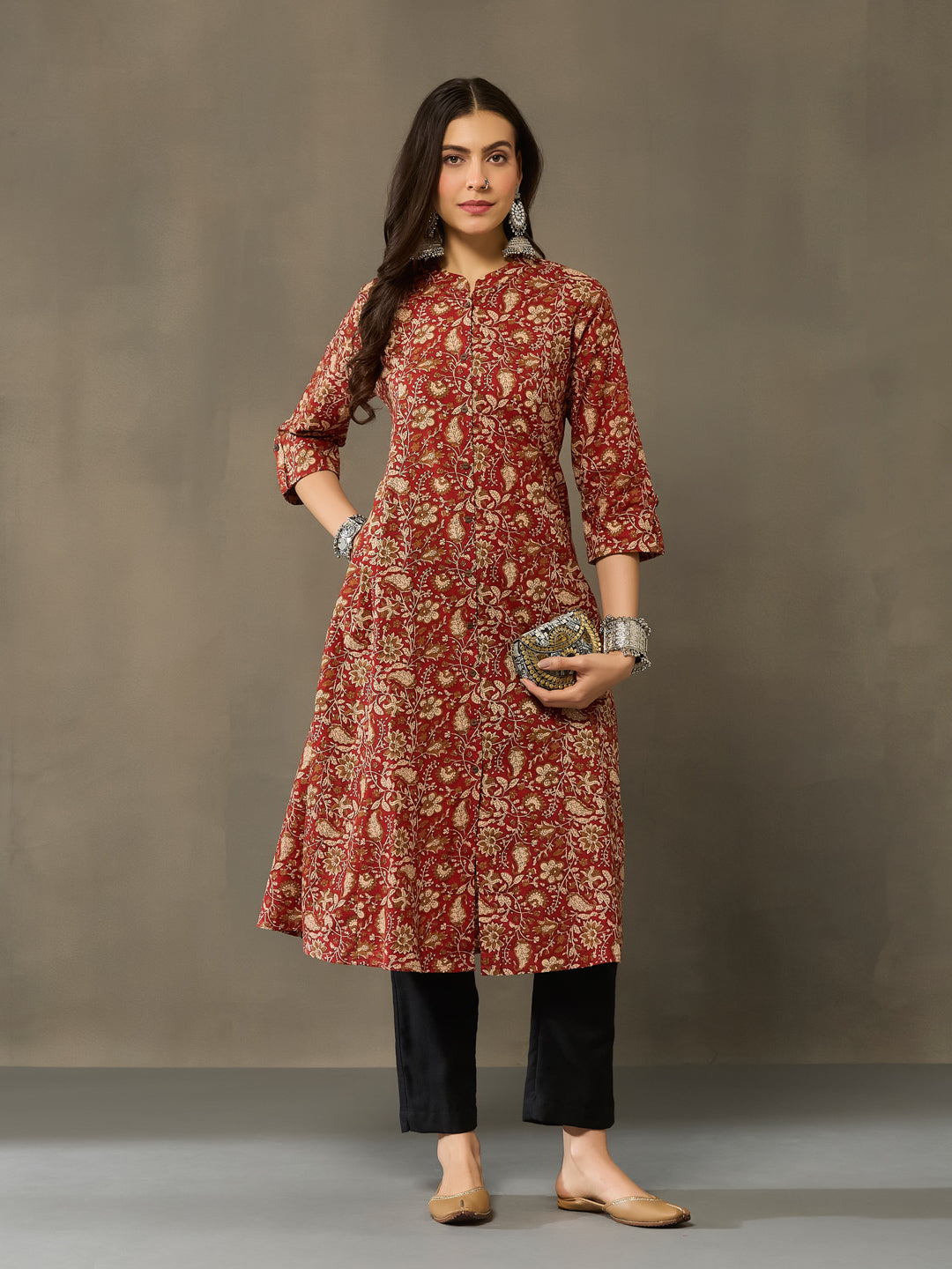 VASVI Cotton Kalamkari Printed Straight Kurta, Rust Red