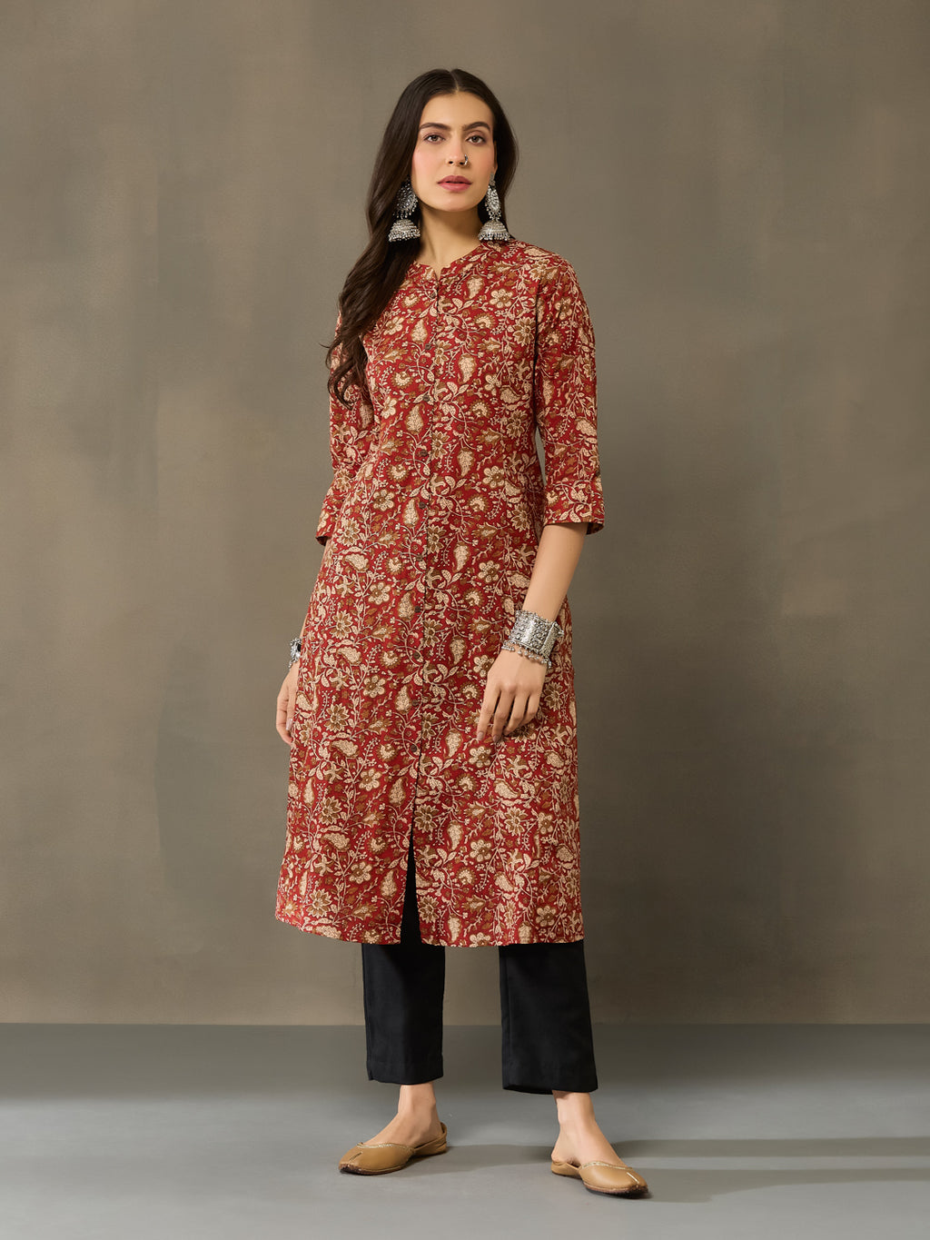 VASVI Cotton Kalamkari Printed Straight Kurta, Rust Red