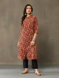 VASVI Cotton Kalamkari Printed Straight Kurta, Rust Red