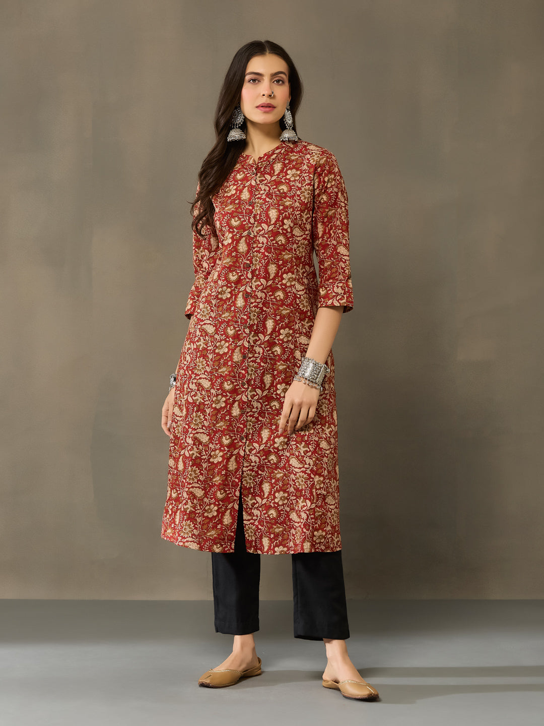 VASVI Cotton Kalamkari Printed Straight Kurta, Rust Red
