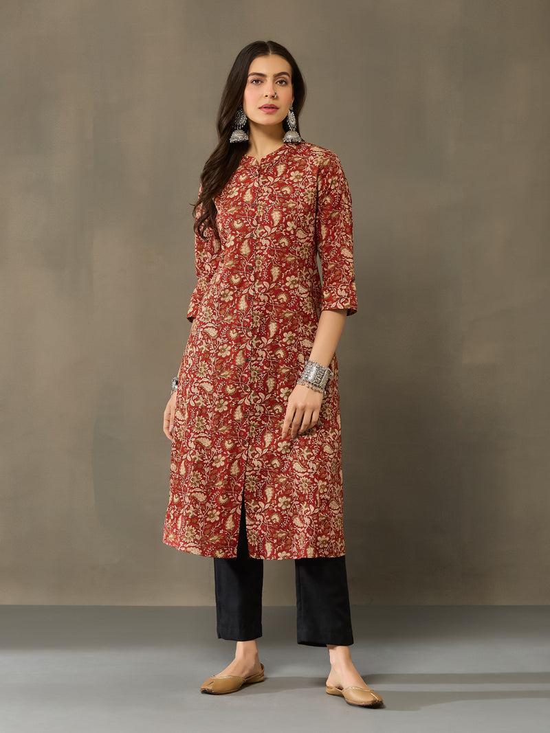 VASVI Cotton Kalamkari Printed Straight Kurta, Rust Red