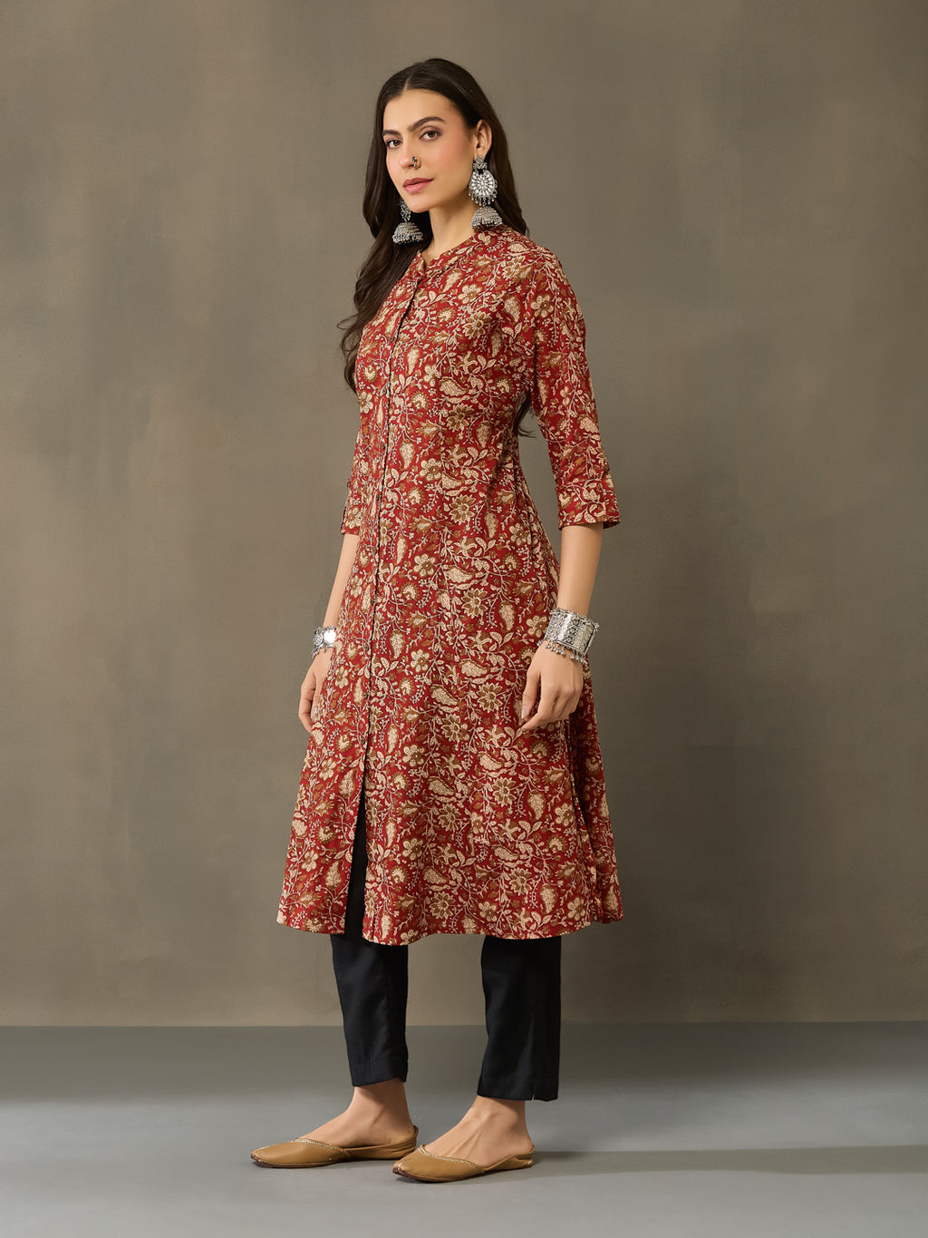 VASVI Cotton Kalamkari Printed Straight Kurta, Rust Red