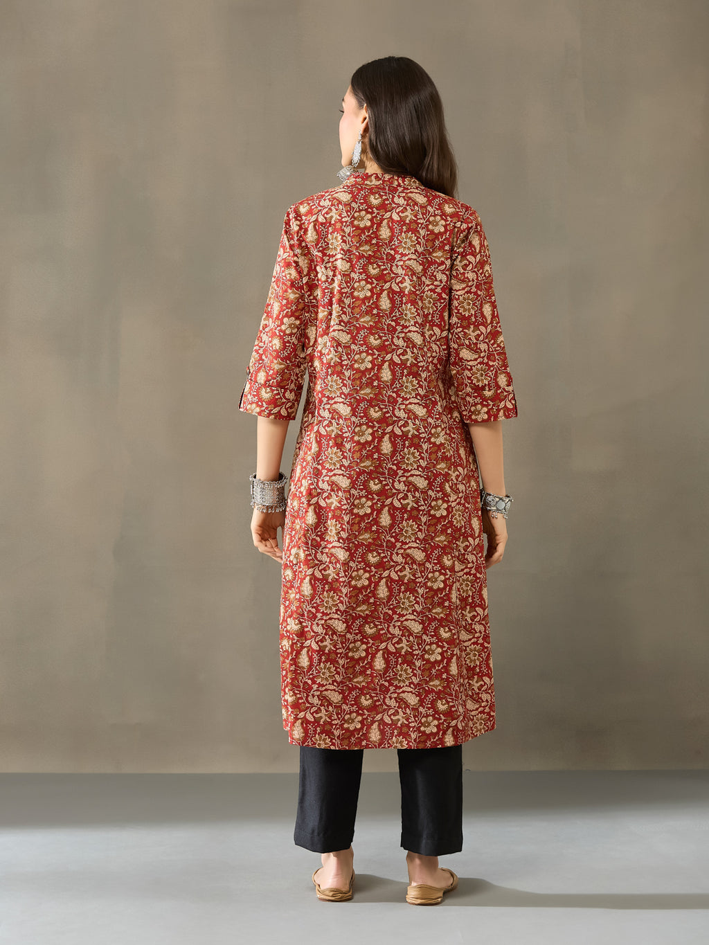 VASVI Cotton Kalamkari Printed Straight Kurta, Rust Red