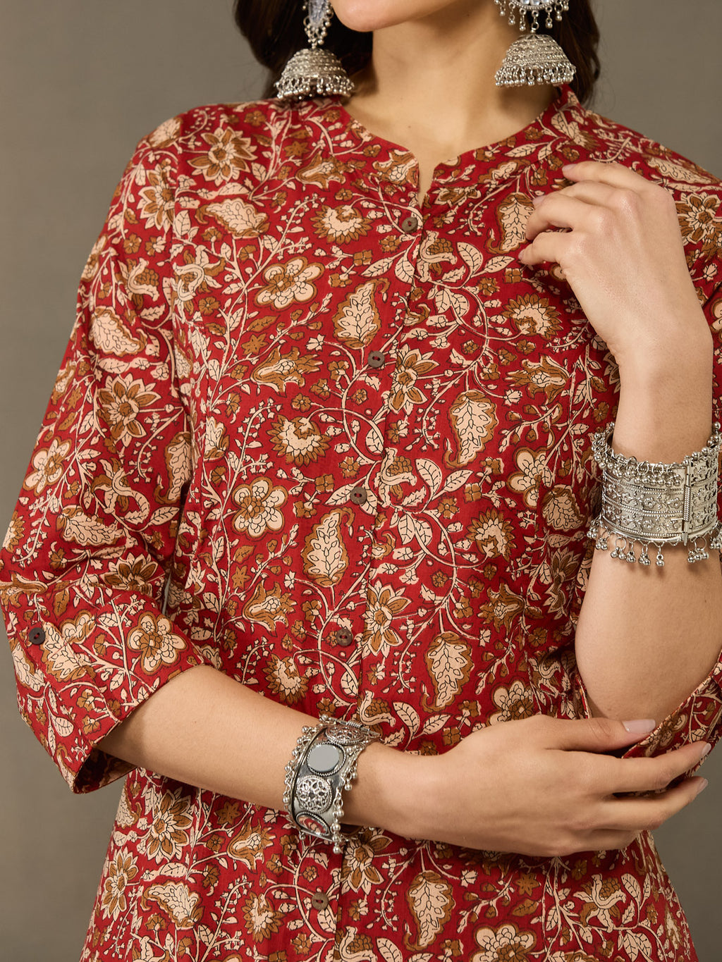 VASVI Cotton Kalamkari Printed Straight Kurta, Rust Red