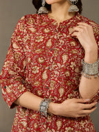 VASVI Cotton Kalamkari Printed Straight Kurta, Rust Red