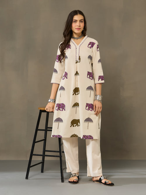 VASVI Cotton Animal Printed A-line Kurta with Pant, Purple