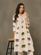 VASVI Cotton Animal Printed A-line Kurta with Pant, Purple