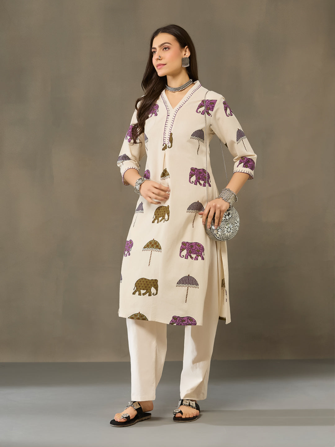 VASVI Cotton Animal Printed A-line Kurta with Pant, Purple