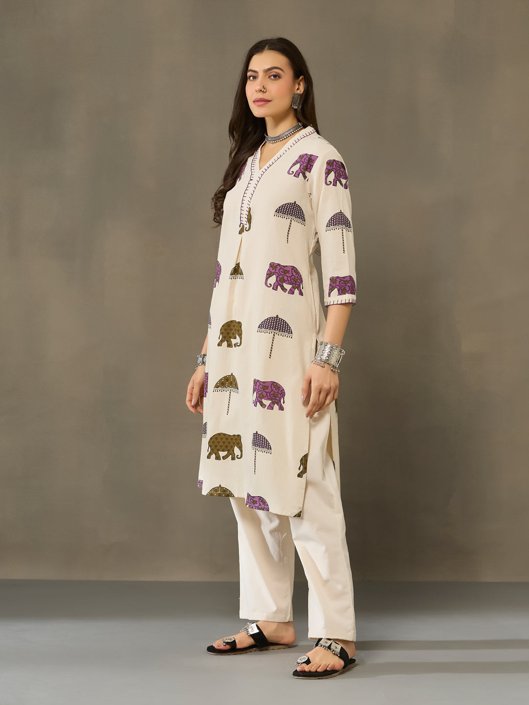 VASVI Cotton Animal Printed A-line Kurta with Pant, Purple