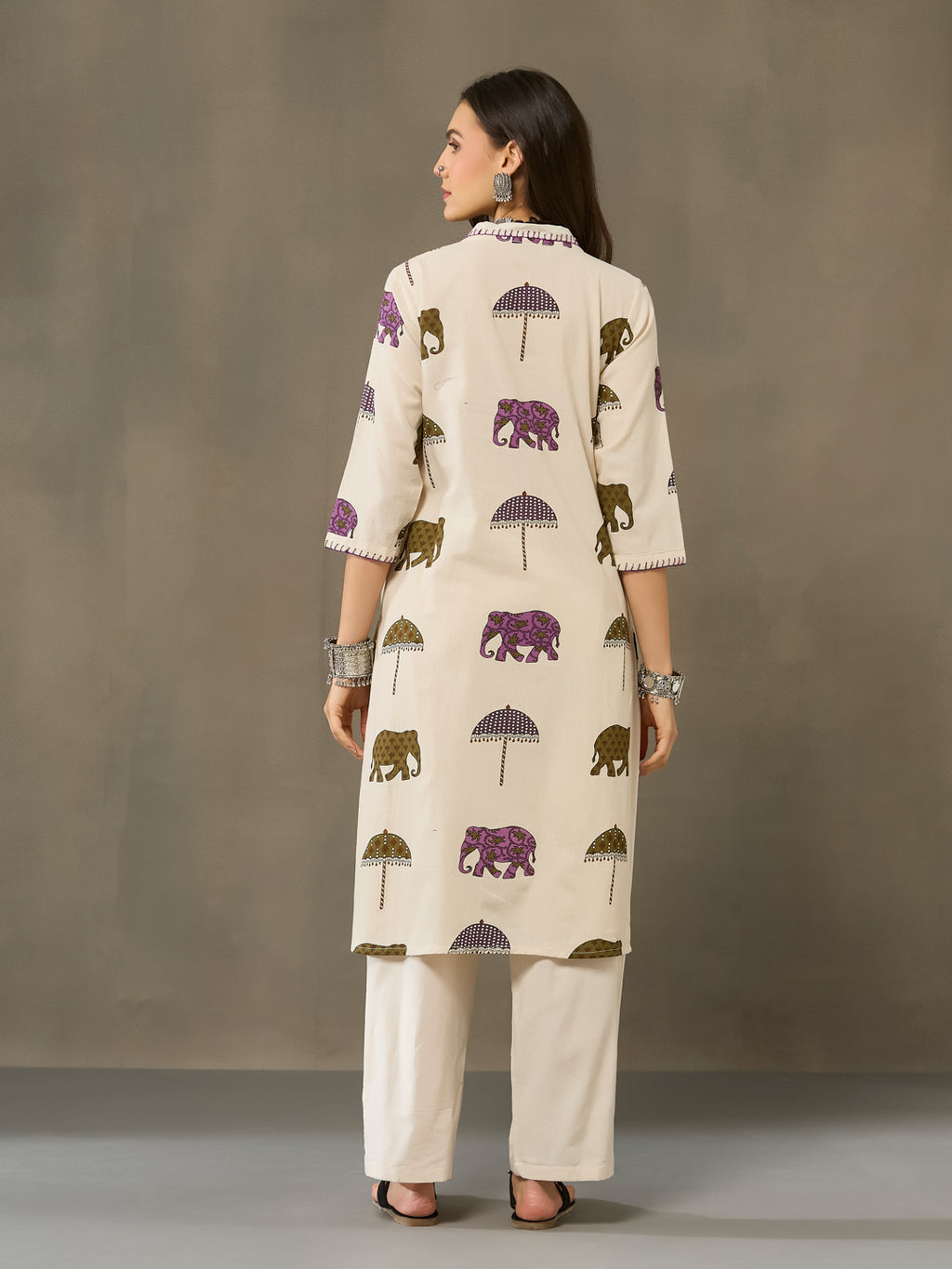 VASVI Cotton Animal Printed A-line Kurta with Pant, Purple