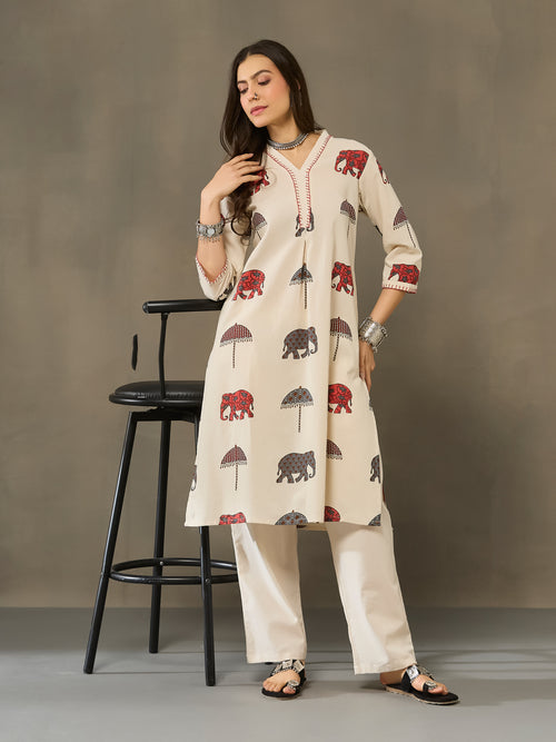VASVI Cotton Animal Printed A-line Kurta with Pant, Rust