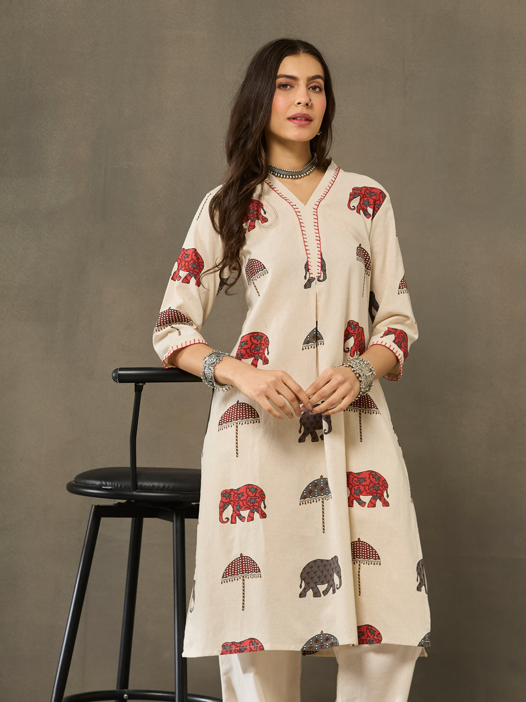 VASVI Cotton Animal Printed A-line Kurta with Pant, Rust