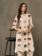 VASVI Cotton Animal Printed A-line Kurta with Pant, Rust