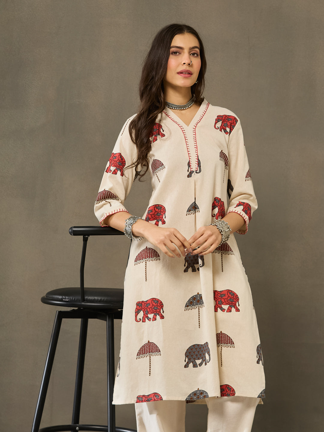VASVI Cotton Animal Printed A-line Kurta with Pant, Rust