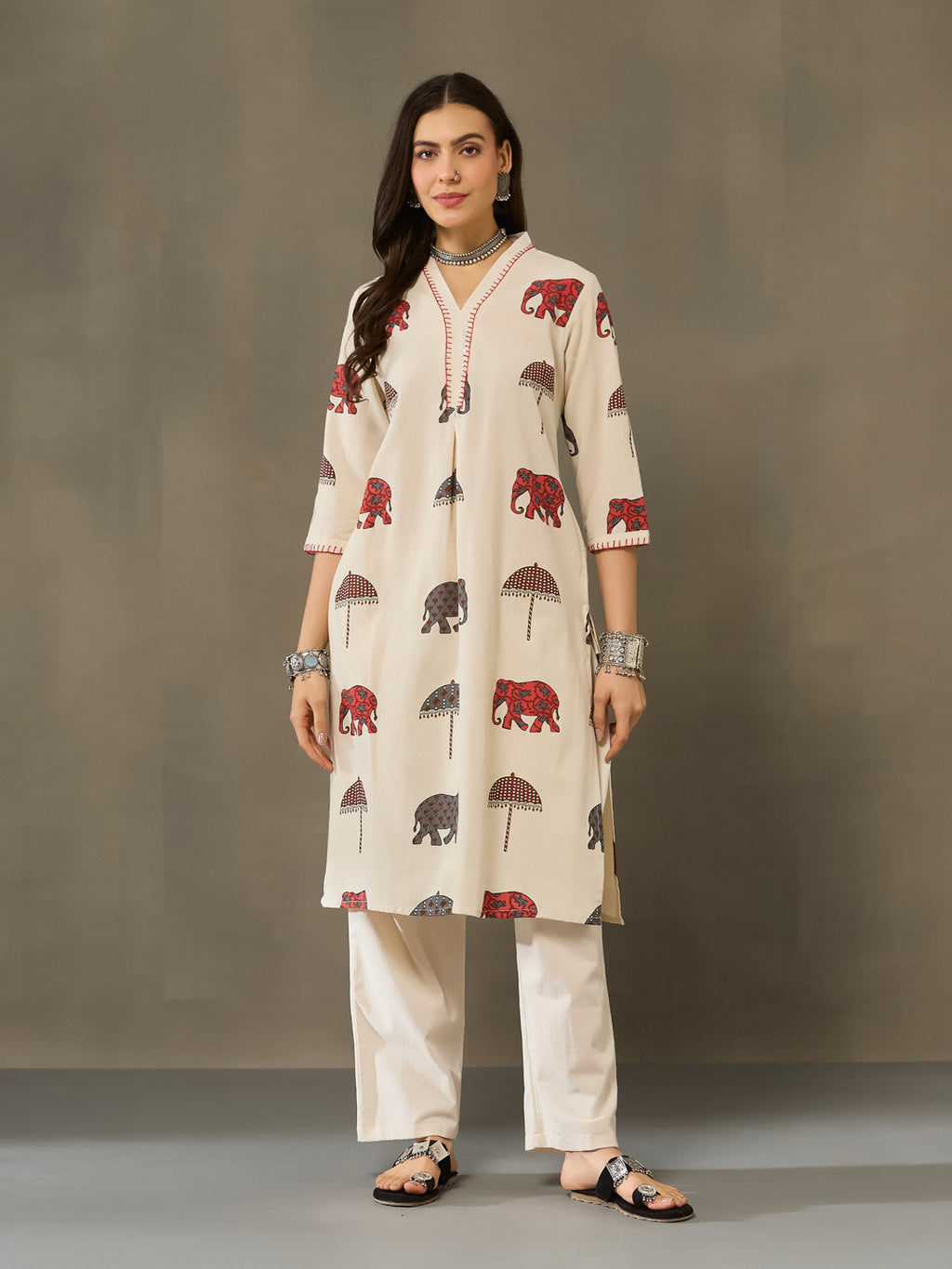 VASVI Cotton Animal Printed A-line Kurta with Pant, Rust