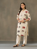 VASVI Cotton Animal Printed A-line Kurta with Pant, Rust