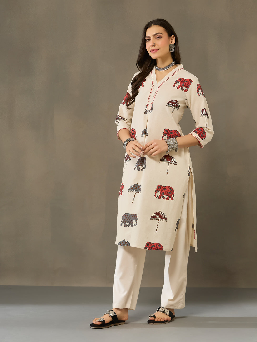 VASVI Cotton Animal Printed A-line Kurta with Pant, Rust