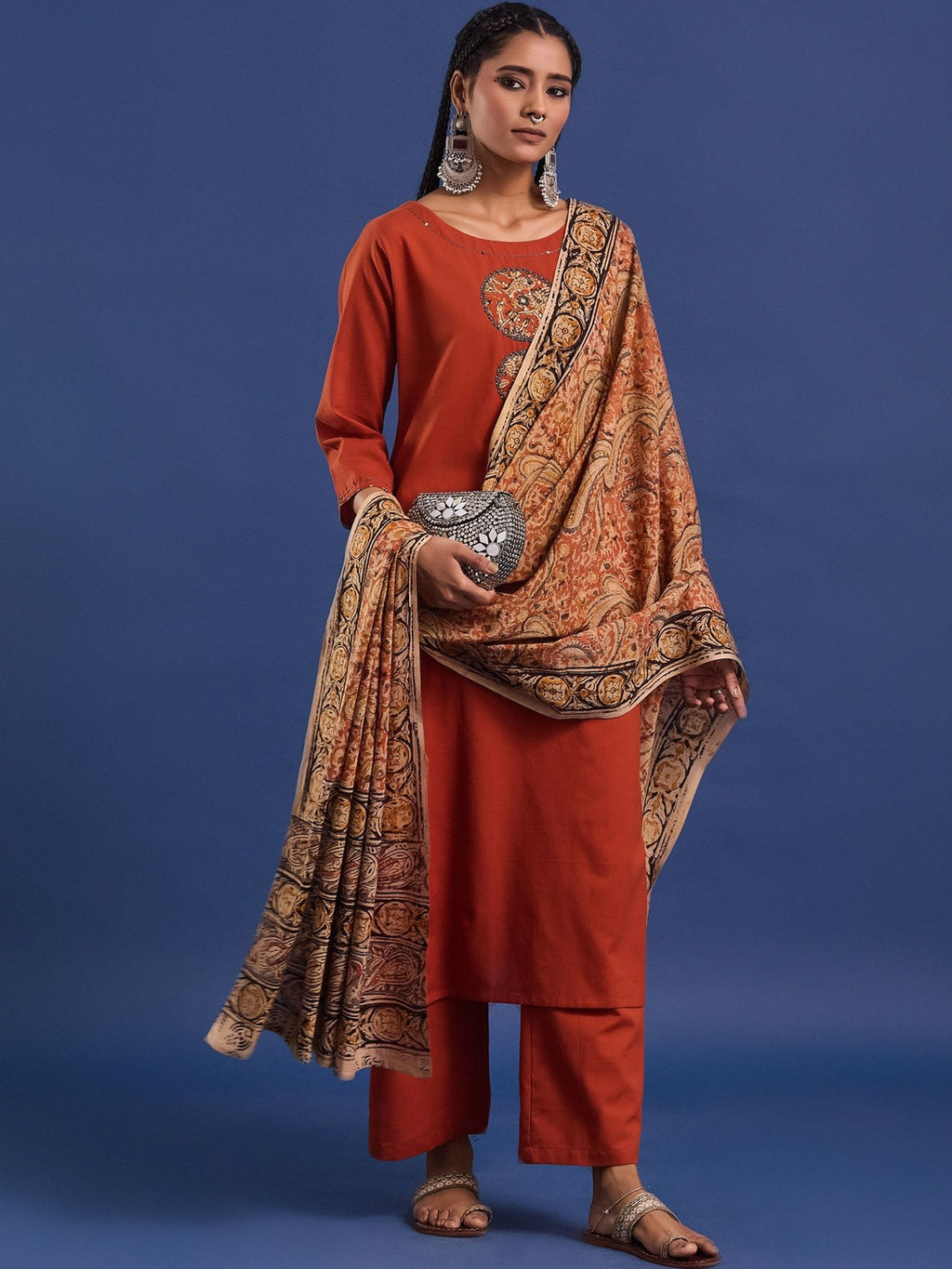 VASVI Women Hand Block Printed Pure Cotton Straight Kurta Trousers With Dupatta