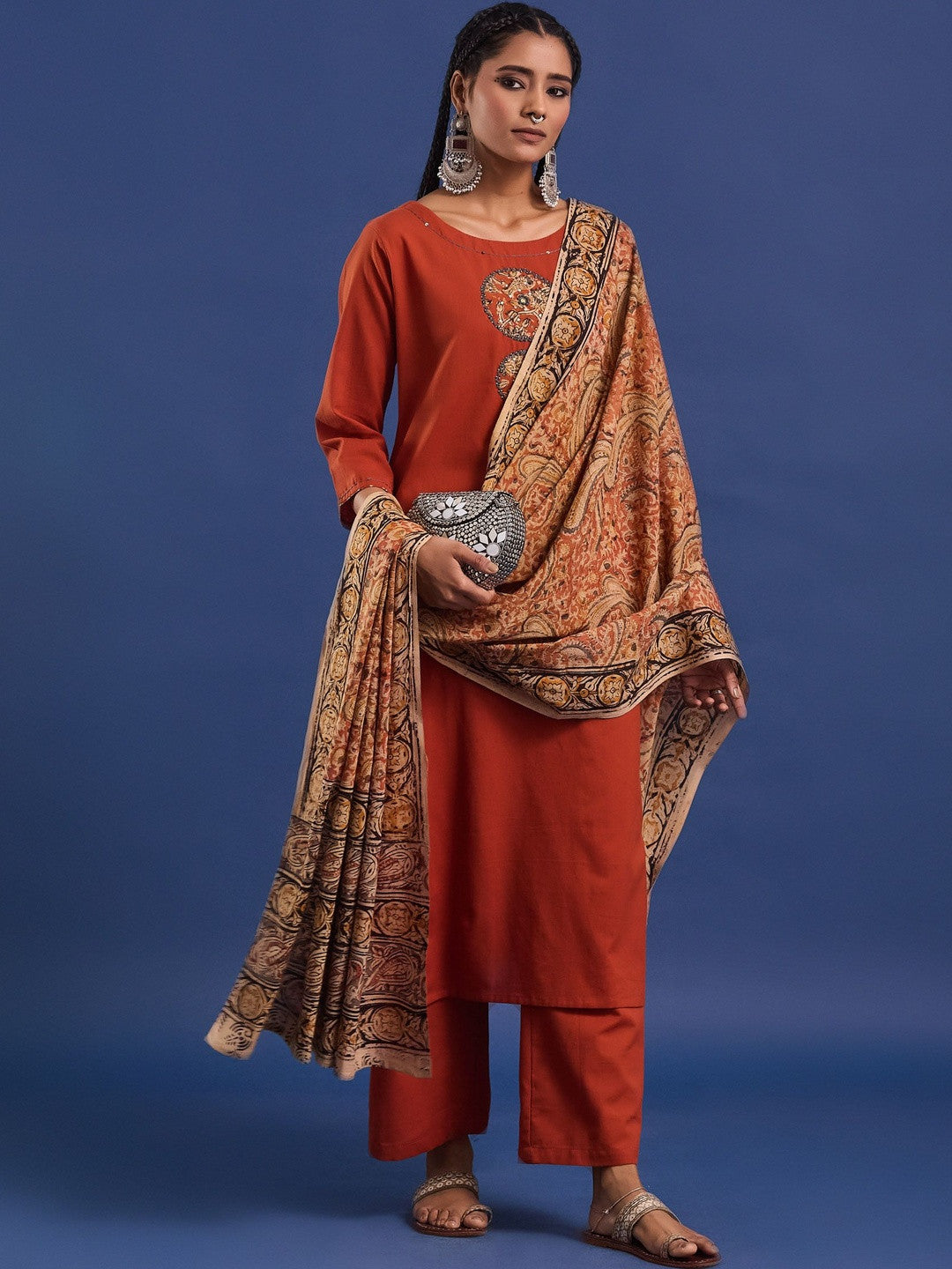 VASVI Women Hand Block Printed Pure Cotton Straight Kurta Trousers With Dupatta