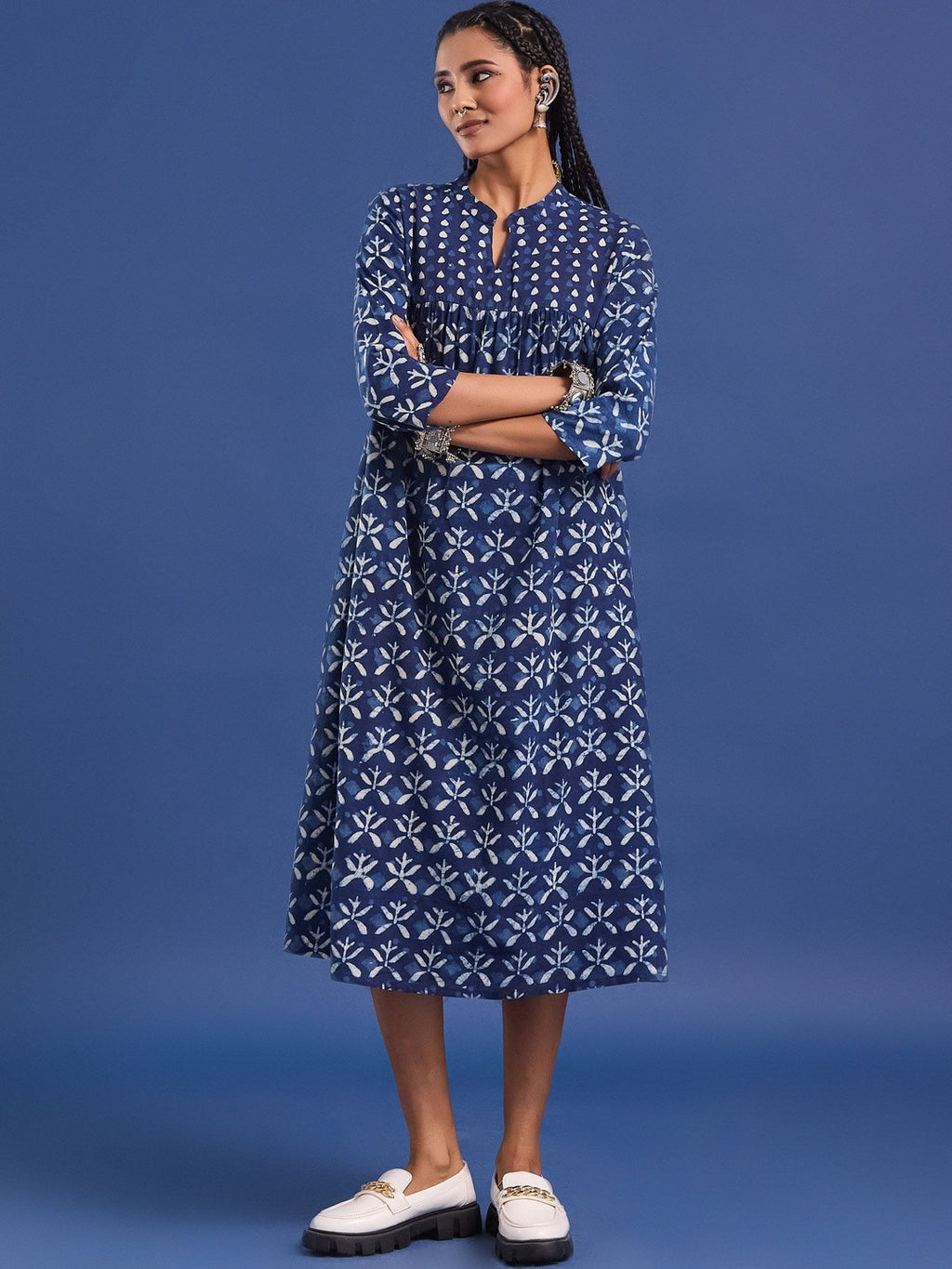 VASVI Women Indigo Printed Pure Cotton Fit & Flared Dress