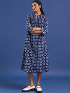 VASVI Women Indigo Printed Pure Cotton Fit & Flared Dress