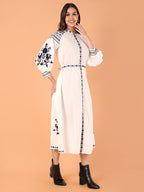 VASVI Women Cotton Embroidered A-line Dress, White
