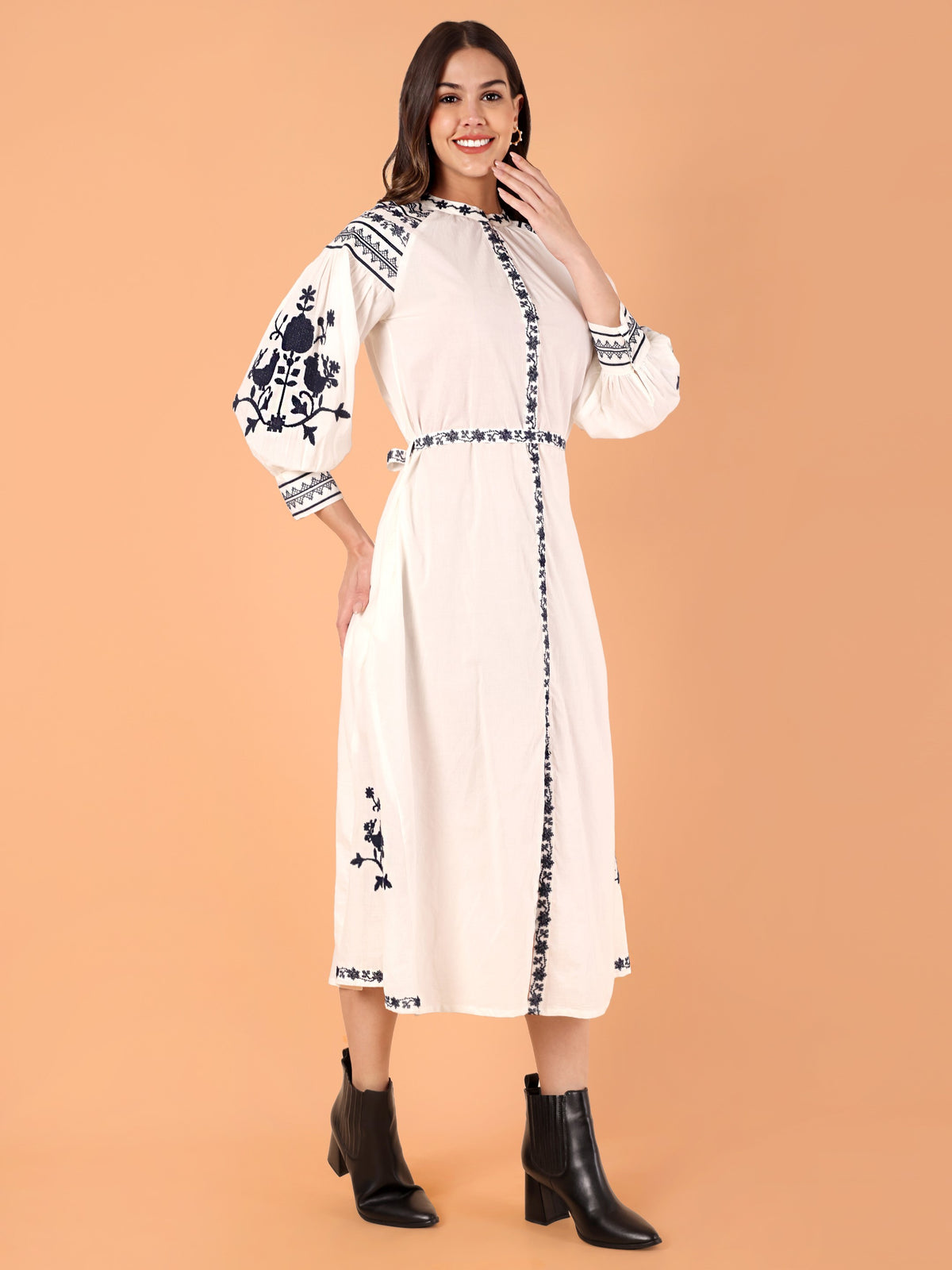 VASVI Women Cotton Embroidered A-line Dress, White