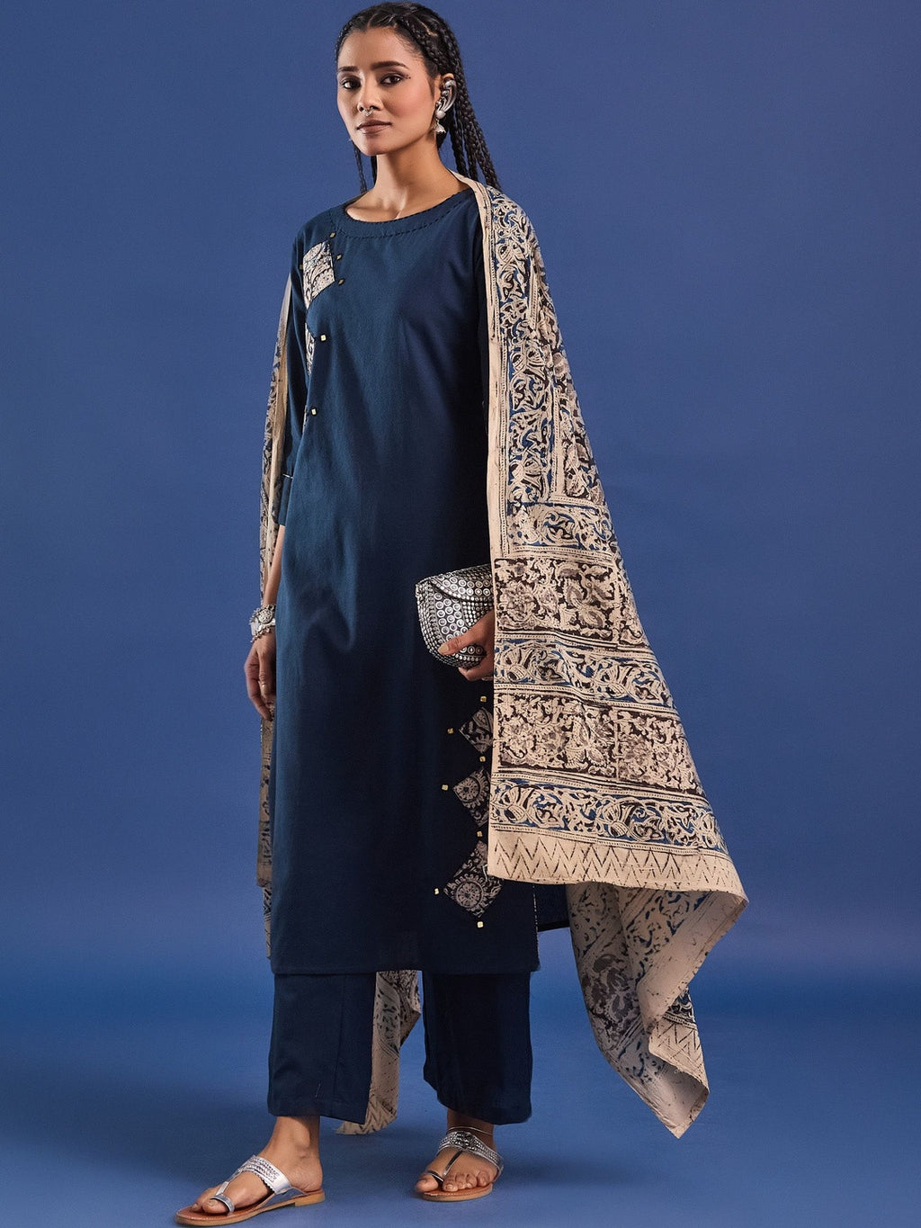 VASVI Women Hand Block Printed Pure Cotton Straight Kurta Trousers With Dupatta